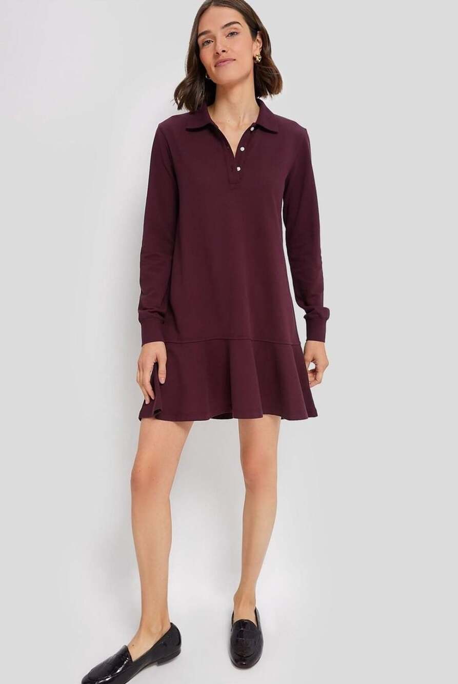 Tuckernuck Burgundy Long Sleeve Ruffle Hem Pique May Polo Dress Size Small